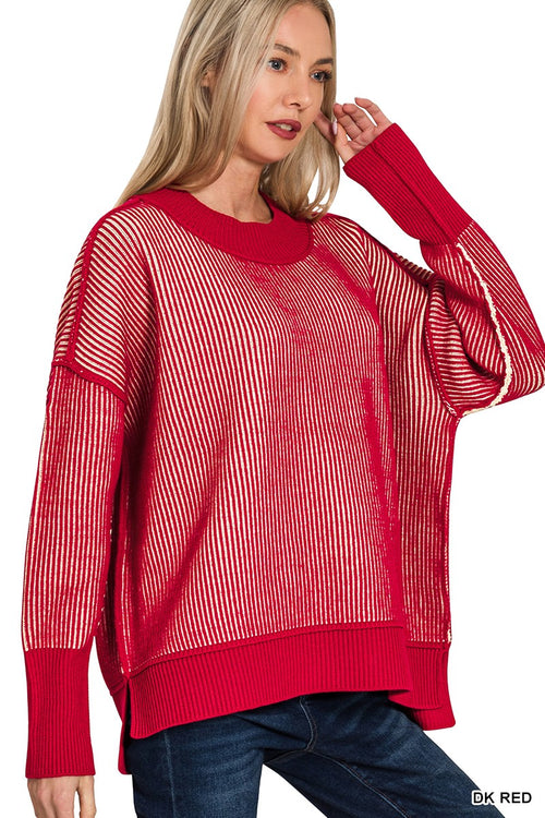 Ribbed Easy Going Sweater - Dark Red Two Tone