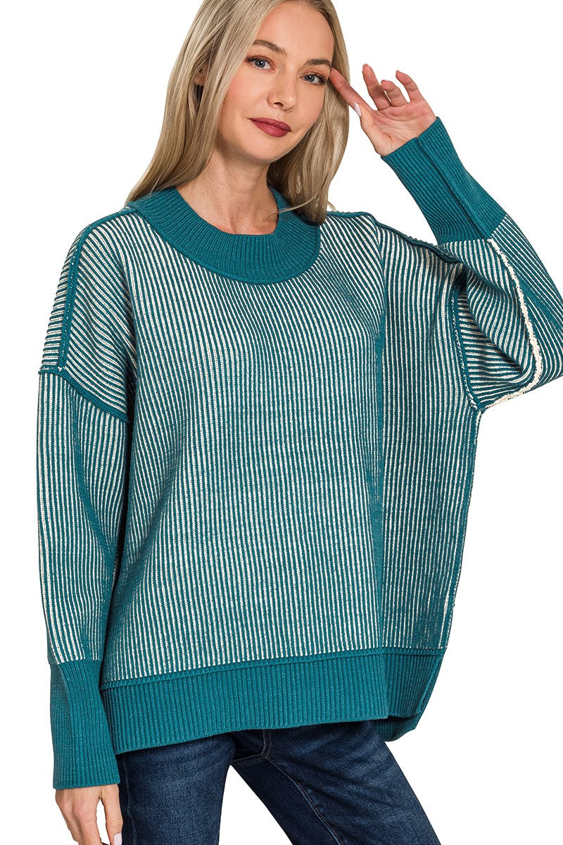 Ribbed Easy Going Sweater - Teal Two Tone