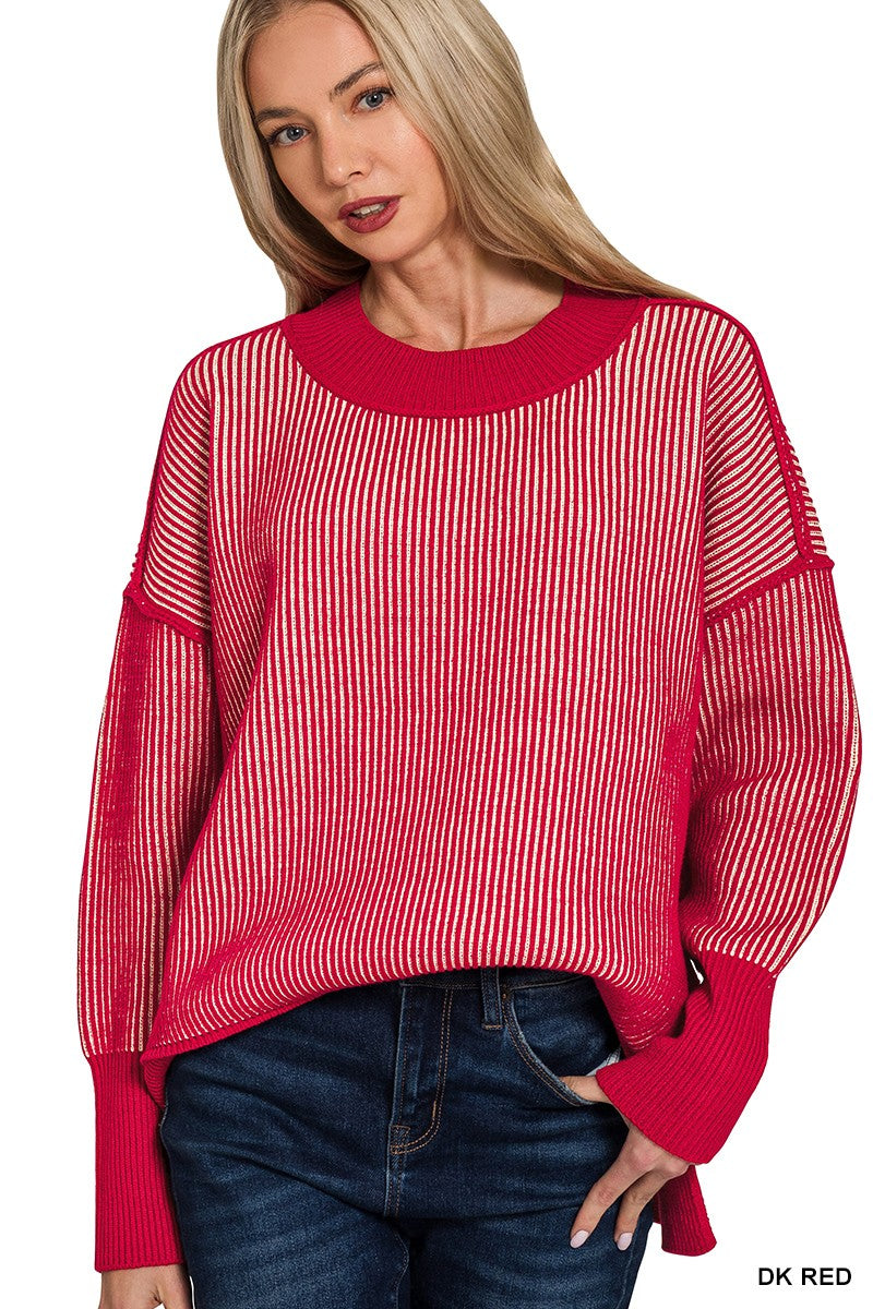 Ribbed Easy Going Sweater - Dark Red Two Tone